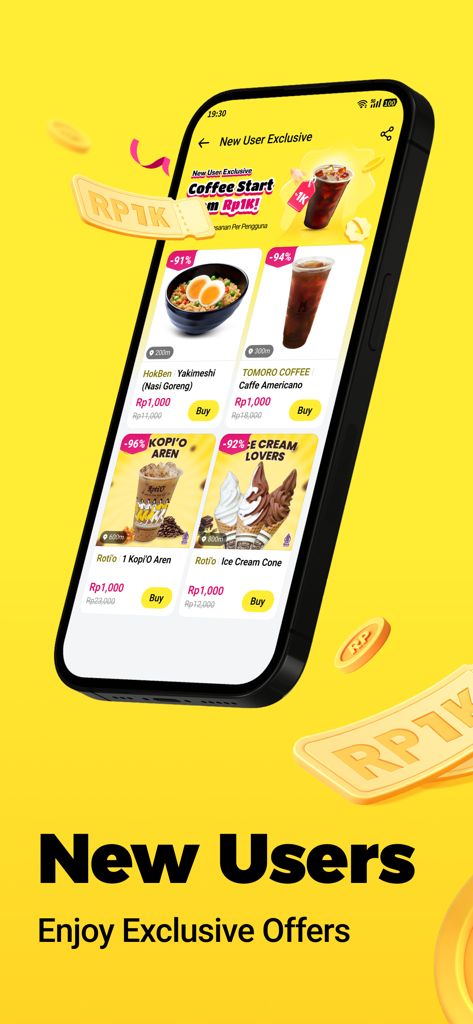 Pantalla de smartphone que muestra la interfaz de la aplicación Qpon con ofertas exclusivas de comida y bebida para nuevos usuarios