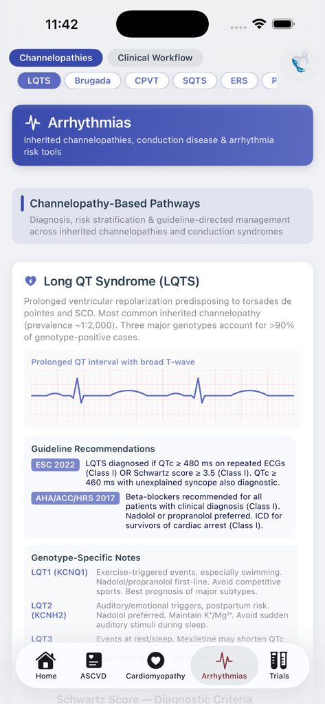 CardioGenetics - Clinical guidelines and genotype specific notes for Long QT Syndrome on the CardioGenetics app interface