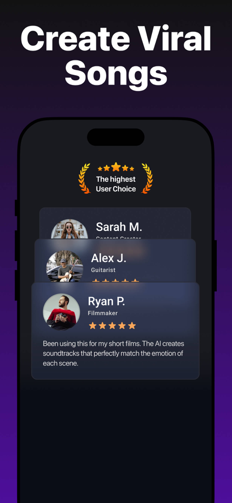 AI Song Maker app screen displaying user testimonials and five star ratings for creating viral songs.