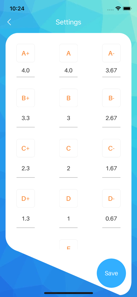 Settings screen of the Quick GPA Calculator app showing customizable numerical values for letter grades.