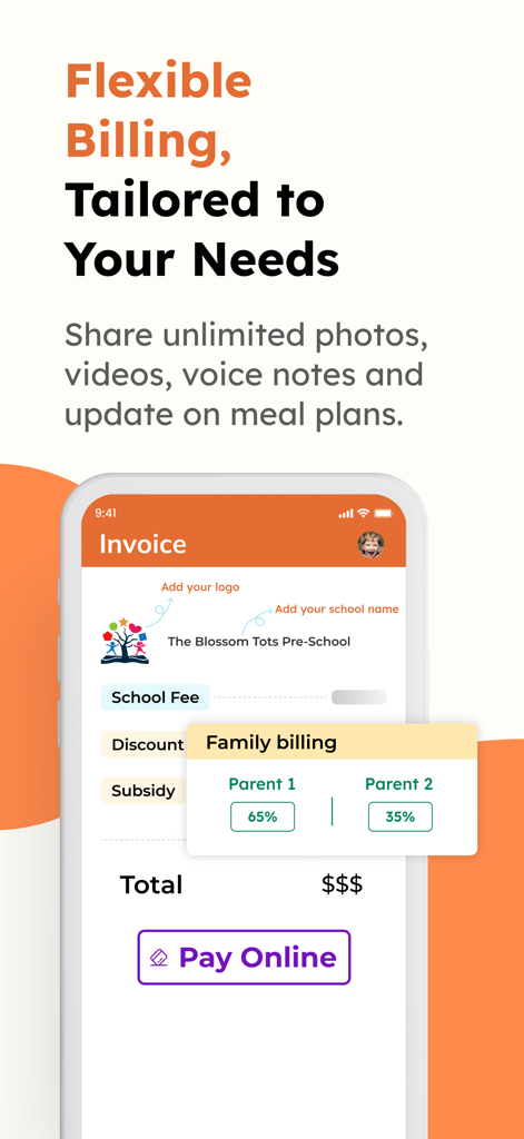Mobile app interface showing a preschool invoice with split family billing and a pay online button