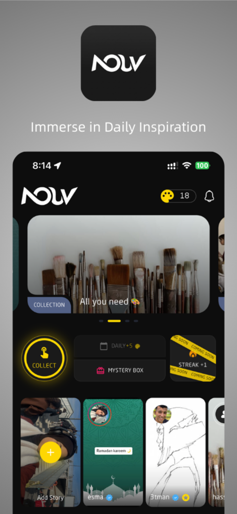 NOUV - Gallery of Masterpieces - The home screen of the NOUV app showcasing a curated collection of art and daily inspiration for users.
