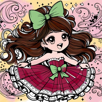 a cute girl with her hair in half up palf with a bow twirling around with with colourful magical fairy dust all around her