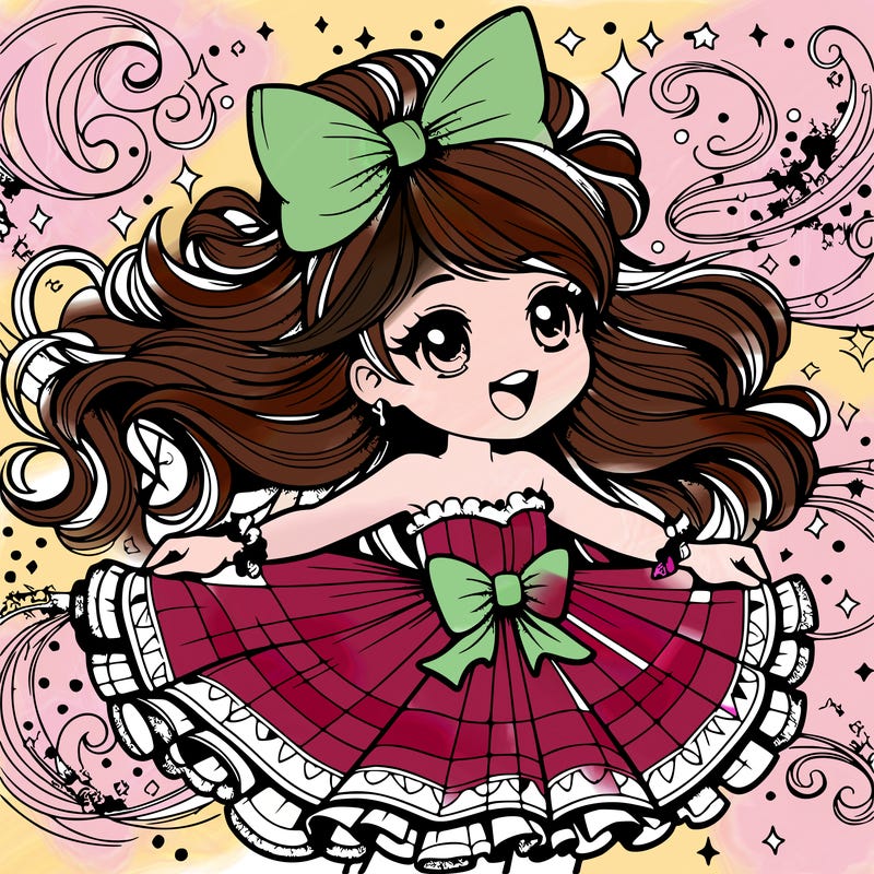 a cute girl with her hair in half up palf with a bow twirling around with with colourful magical fairy dust all around her