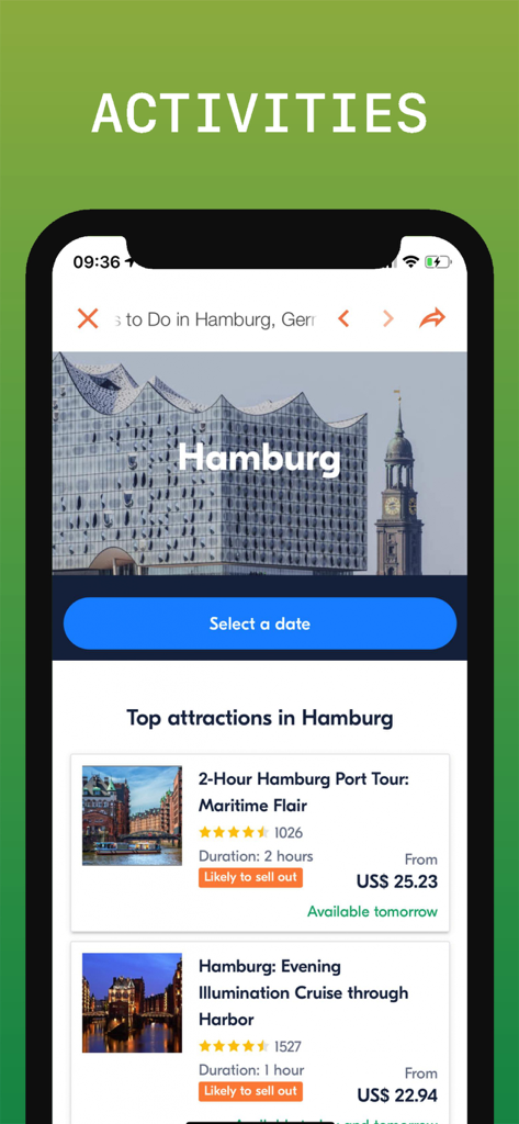 항구 크루즈 및 항구 투어와 같은 활동 및 인기 명소 목록을 보여주는 함부르크 여행 가이드 앱의 스크린샷