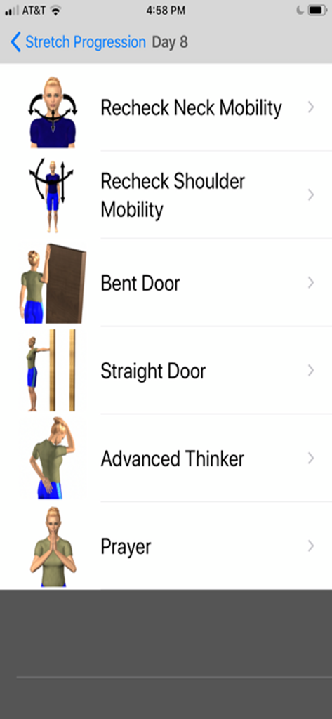 Uma lista de alongamentos para a parte superior do corpo e verificações de mobilidade no aplicativo Alongamento para Alívio da Dor, mostrando exercícios como Porta Dobrada e Oração.