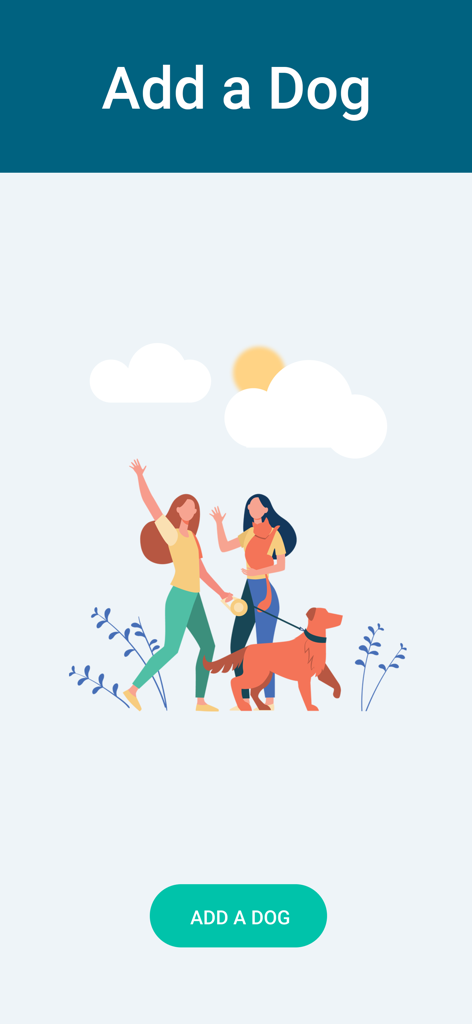Onboarding-Bildschirm der Dogr-App mit einer Illustration von Frauen, die einen Hund spazieren führen, und einer Schaltfläche Hund hinzufügen.