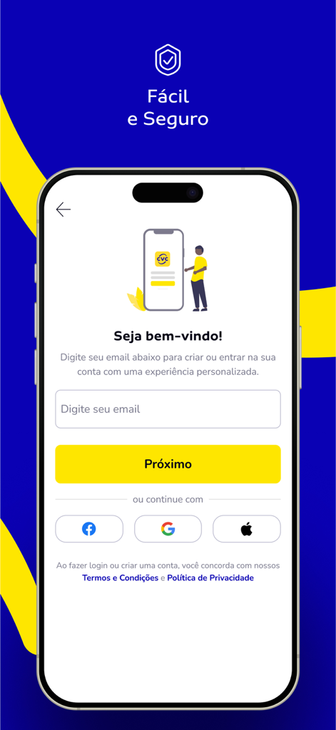 Tela de login do aplicativo de viagens da CVC com opções de e-mail e login social