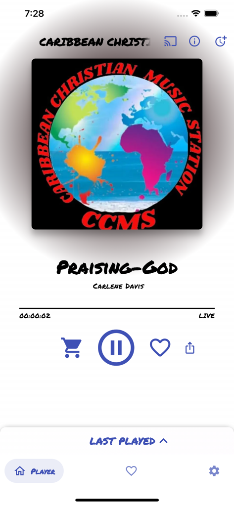 Caribbean Christian Music - Mobile app interface of Caribbean Christian Music player showing a live song titled Praising God by Carlene Davis