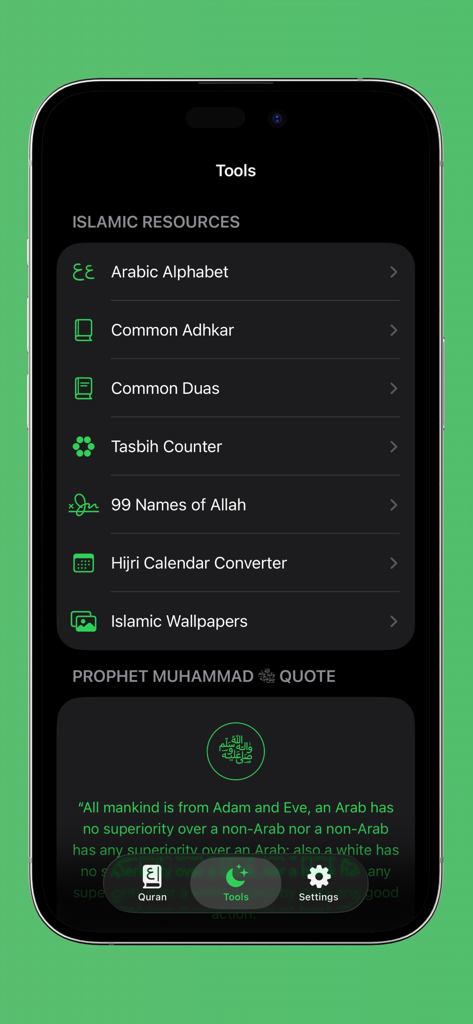 Islamic tools menu in the Al-Quran Beginner app featuring resources like Arabic alphabet and Tasbih counter.
