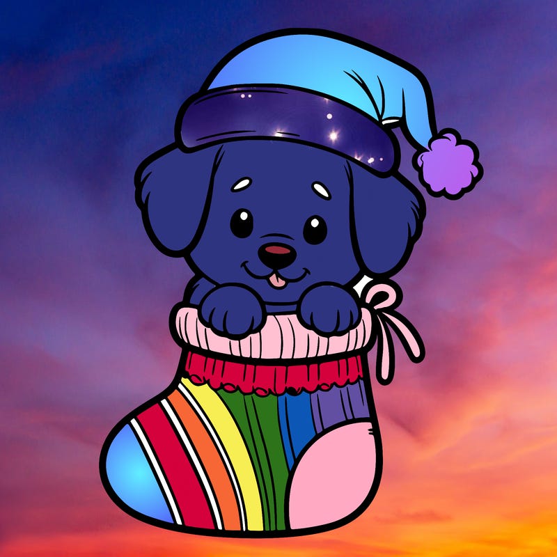 cute puppy wearing santa hat in socking