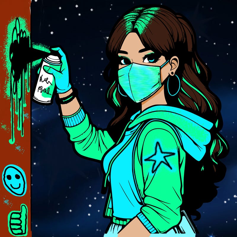 realistic girl with mask spray painting a wall