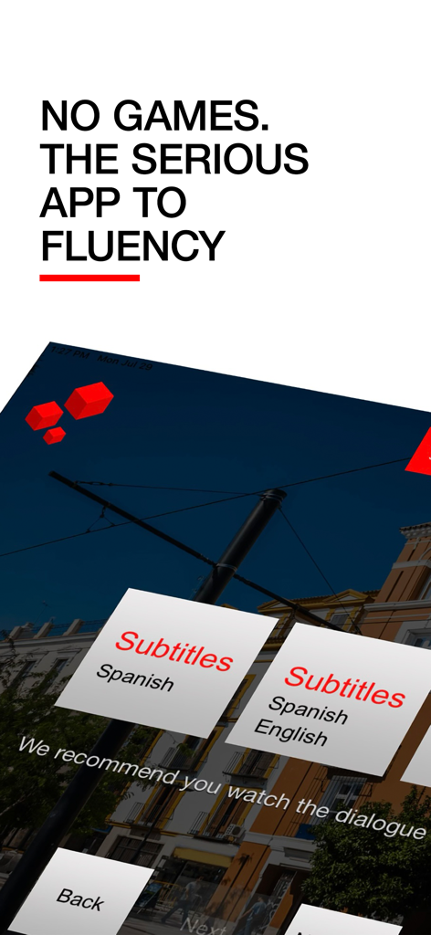 Fluenz - Fluenz language learning app interface emphasizing a serious approach to fluency without games