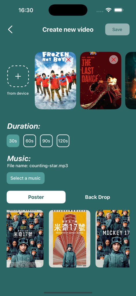 Interface of the Poly Buzz video editor screen showing how to create movie trailers with poster selection and duration settings