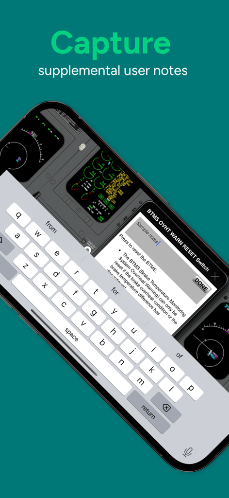 Interface showing a pilot adding custom study notes to a specific switch in the CRJ-700 cockpit familiarization app.