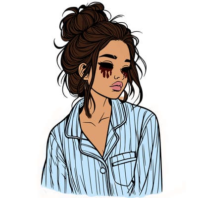 realistic woman with pajamas on and a messy bun