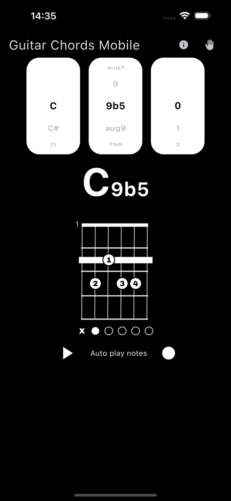 Guitar Chords Mobile - Interfaz de la aplicación Acordes de Guitarra Móvil mostrando un diagrama detallado de acorde de Do9b5 con posiciones de dedos y un selector interactivo de acordes