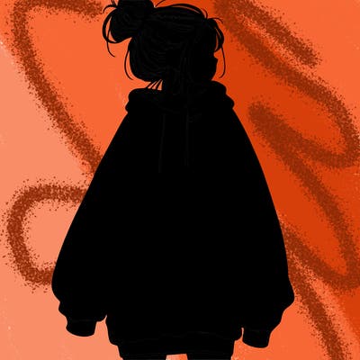 realistic girl with a oversized sweatshirt on and a bun