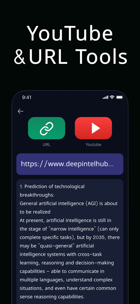 Interface do aplicativo G.AI exibindo ferramentas de análise de URL e YouTube com um resumo gerado por IA de uma página da web.