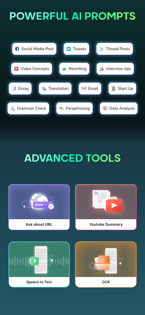 AI Chat: AI Chatbot 5 0 - Interface do AI Chatbot mostrando prompts para mídias sociais, redações e ferramentas avançadas como resumo do YouTube e OCR.