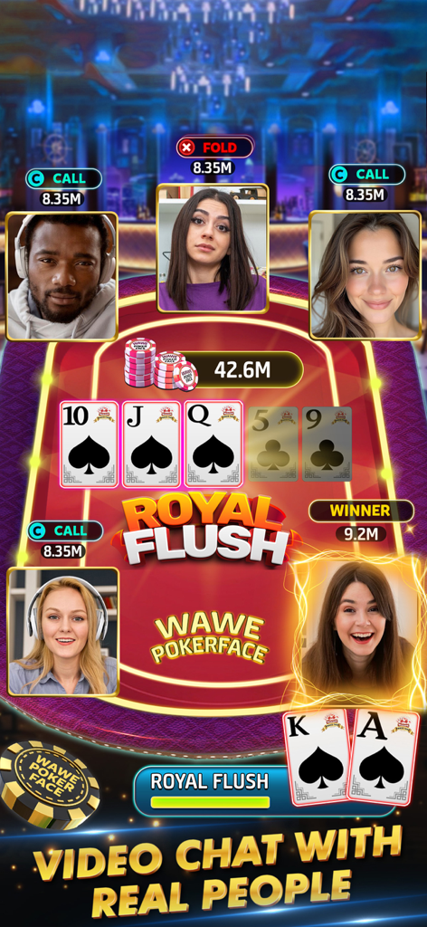 Wawe Poker Face - Texas Holdem - Wawe Poker Face mobile app gameplay showing live video chat with players and a royal flush