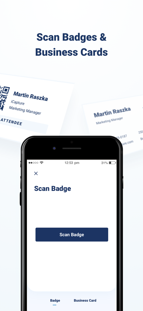 Cvent iCapture app interface for scanning attendee badges and business cards at trade shows