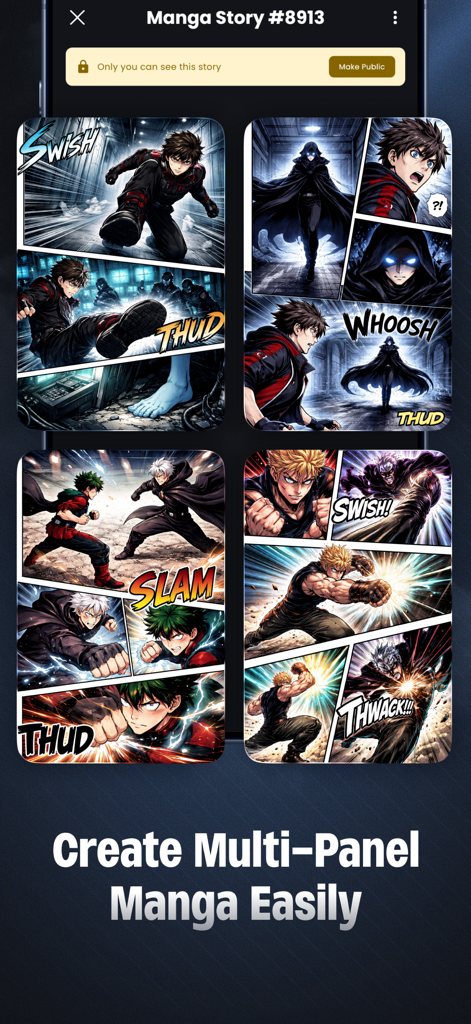 Mangii: AI Manga & Anime Art - Interface showing multi-panel manga stories created with the Mangii AI art generator app