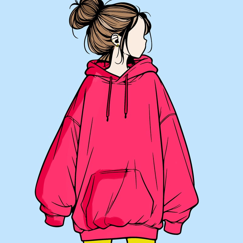 realistic girl with a oversized sweatshirt on and a bun