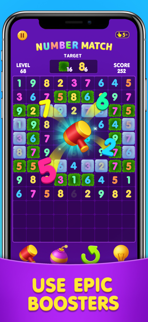 Number Match: Ten Crush Puzzle - A mobile screen showing the Number Match game with a hammer booster effect and a grid of numbers