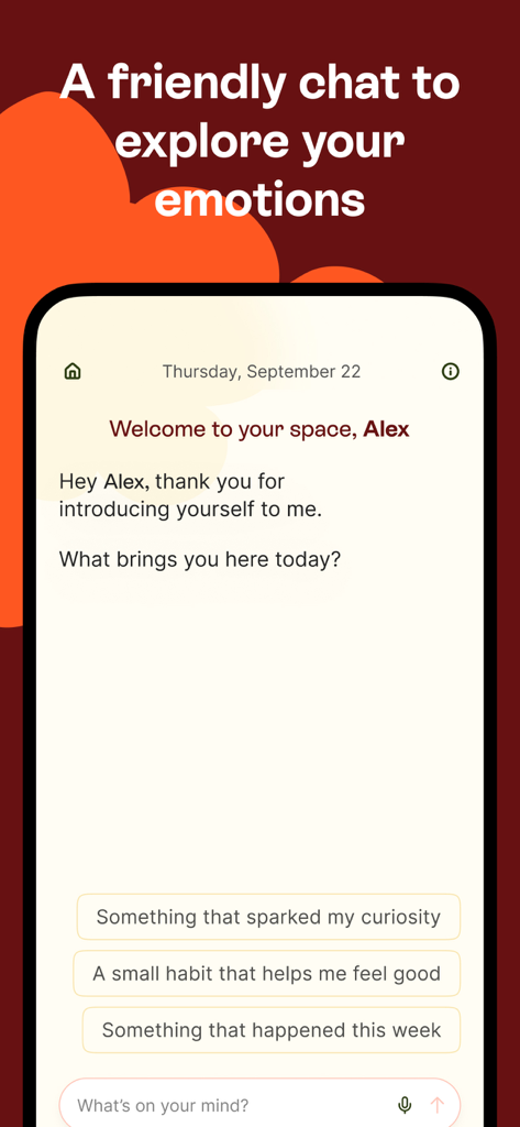 Interface de chat de IA Hey Clary mostrando uma mensagem de boas-vindas e sugestões para exploração emocional