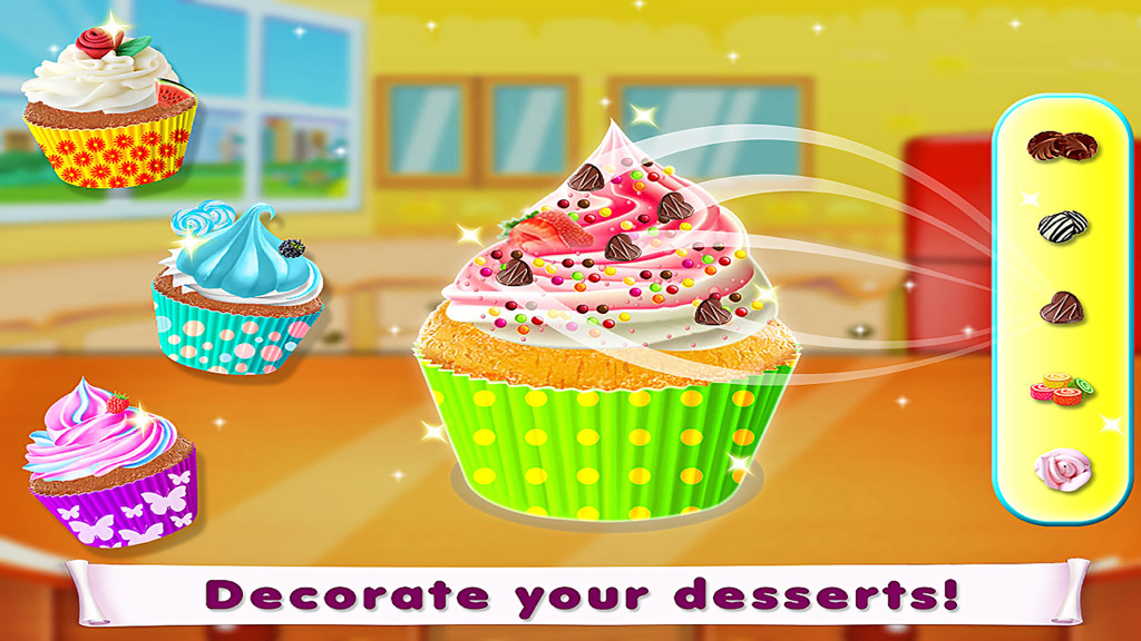 Interface for decorating colorful cupcakes with various toppings and frostings