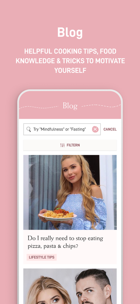 Pam Fitness & Food - Pam Fitness and Food app blog section showing lifestyle and cooking tips.