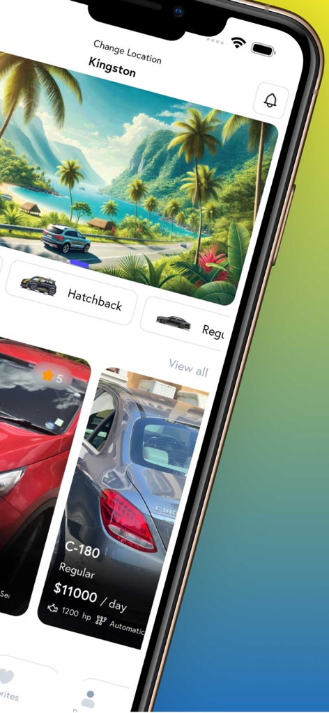 YaRide - Interfaccia dell'app mobile YaRide che mostra auto a noleggio disponibili a Kingston, Giamaica, con categorie e prezzi