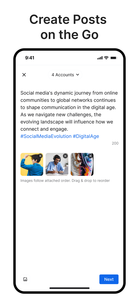Interfaz de la aplicación móvil de SocialPilot para crear publicaciones en redes sociales en múltiples plataformas