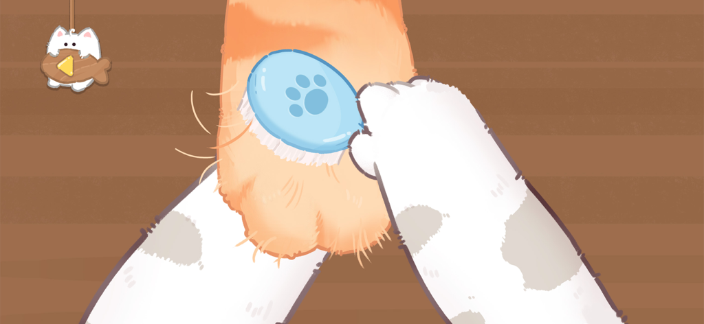 Purrrfect Spa - ASMR Cat Game - Uma escova azul em forma de pata cuidando da pata de um gato laranja em um spa de simulação