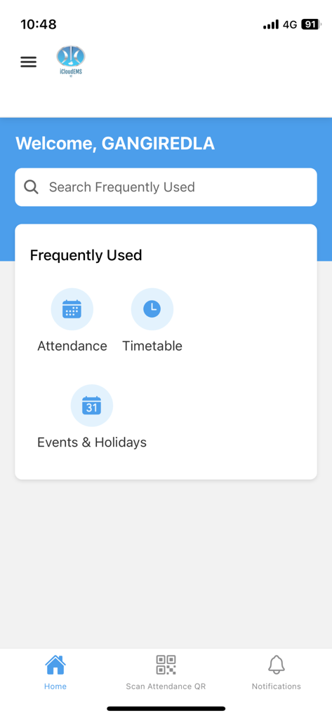 ICloudEMSV2 student dashboard showing attendance and timetable shortcuts