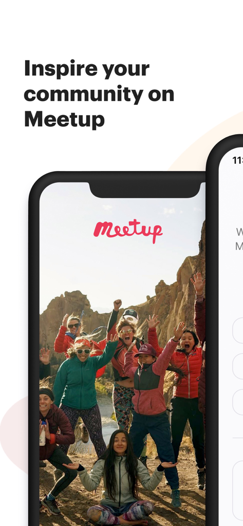 A group of people celebrating outdoors displayed on the Meetup for Organizers app screen with the text Inspire your community
