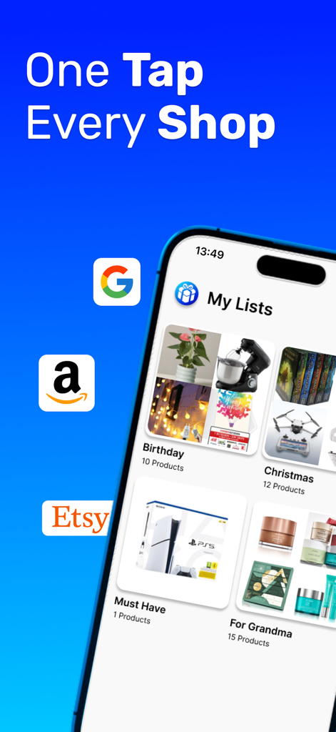 A mobile screen showing the Wishlist app interface with categorized gift lists like Birthday and Christmas alongside logos for Google Amazon and Etsy