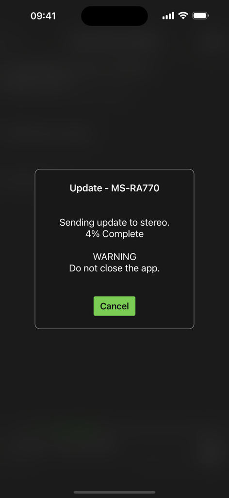 Fusion Audio app interface displaying the progress of a wireless software update for a Garmin marine stereo