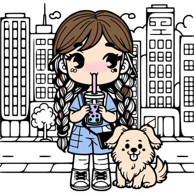 a girl in the city drinking boba with braids and a  dog that she’s is holding