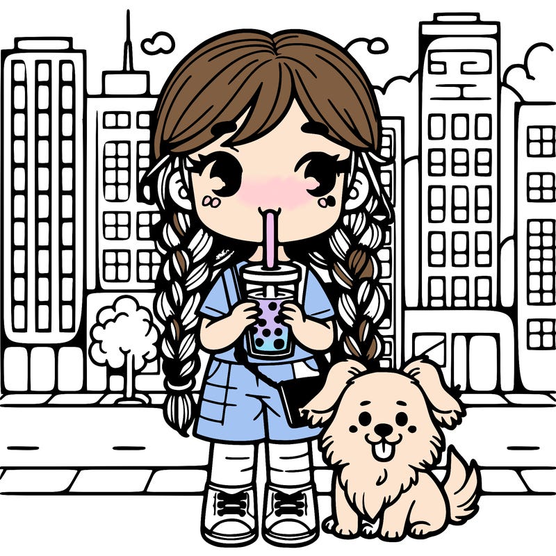 a girl in the city drinking boba with braids and a  dog that she’s is holding