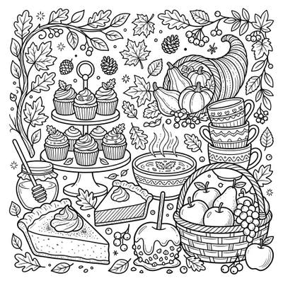 Immerse yourself in the warm embrace of autumn with this richly detailed coloring page, showcasing a delightful array of harvest foods and sweet treats. From pumpkin pie to cozy cupcakes, this full scene invites you to bring the season's bounty to life with your favorite colors.