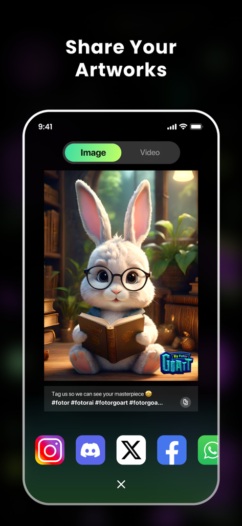 GoArt - AI Art Image Generator - Interface mostrando um coelho gerado por IA lendo um livro com opções de compartilhamento em redes sociais para Instagram, Discord e X