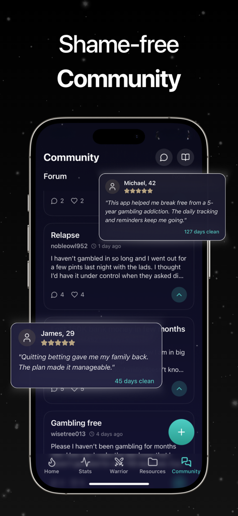 Betless: Quit Gambling - Screenshot of Betless app community forum showing anonymous recovery testimonials and days clean trackers