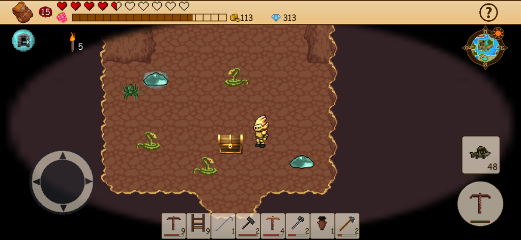 Survival RPG: Open World Pixel - Gameplay of Survival RPG Open World Pixel showing a knight in a dungeon with monsters and treasure