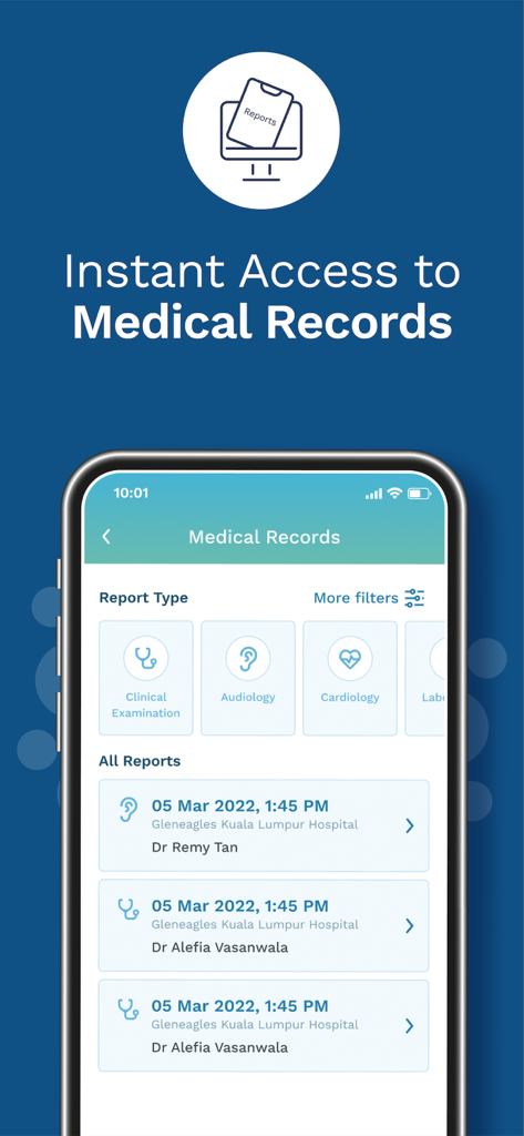 Mobile app screen showing instant access to medical records and lab reports with category filters for clinical examination and cardiology