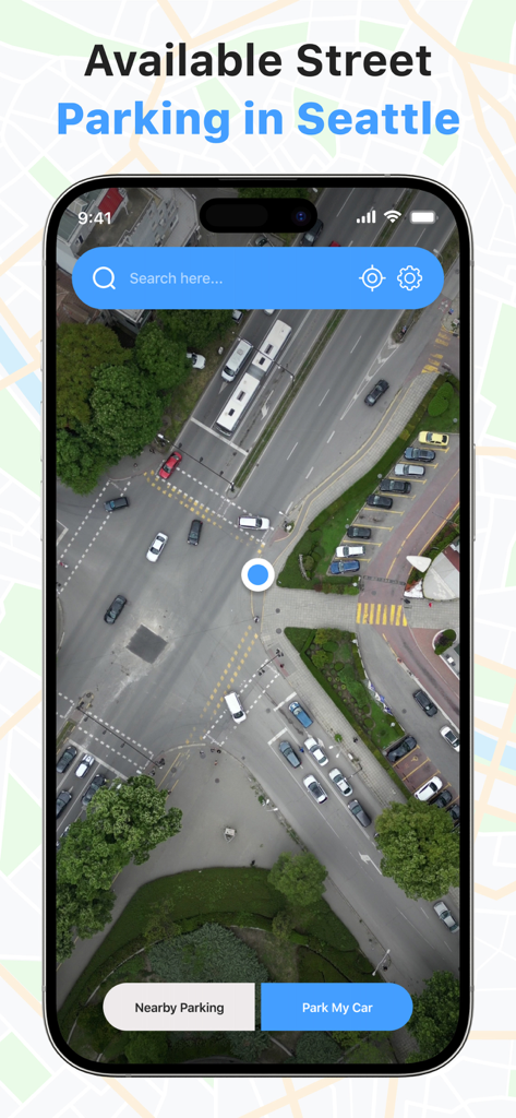 Mapa do App Parking Point mostrando estacionamento de rua disponível em Seattle.
