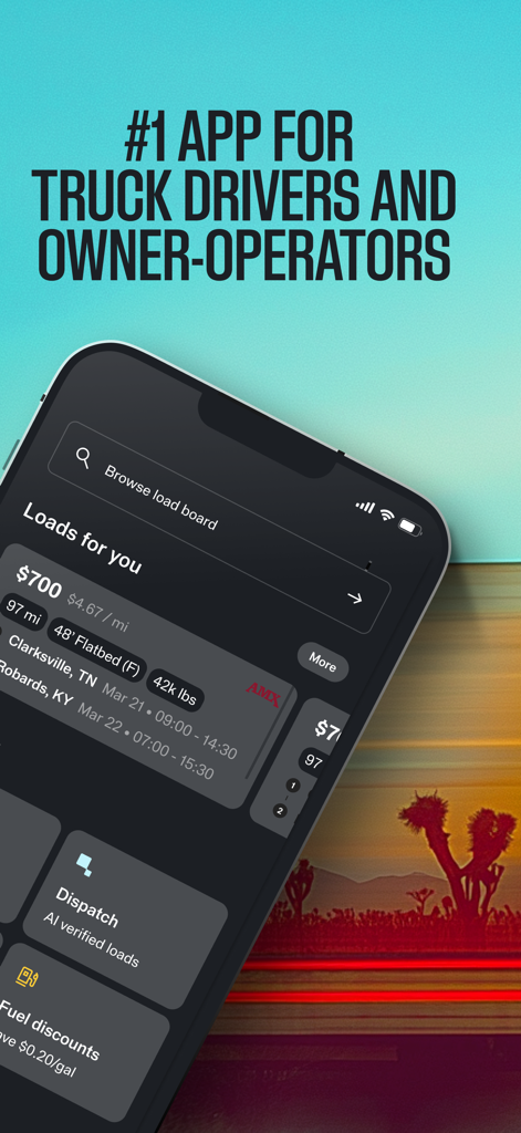 TruckSmarter Load Board & Fuel - TruckSmarter app interface showing available loads and fuel discounts for truck drivers and owner operators