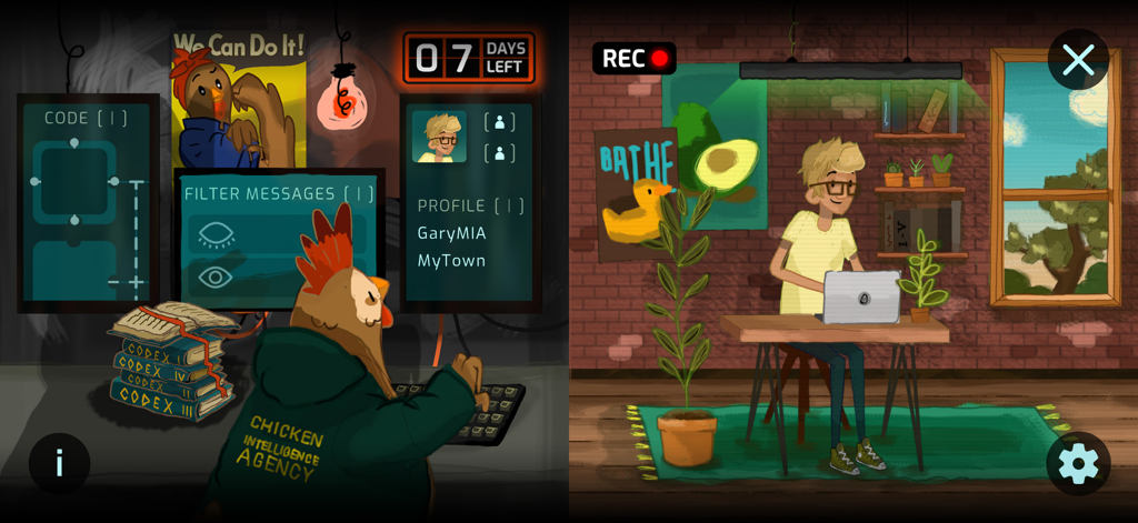 Chicken Intelligence Agency - Um oficial de inteligência de frango de capuz monitora o feed online de um alvo humano no jogo de estratégia Agência de Inteligência de Frango
