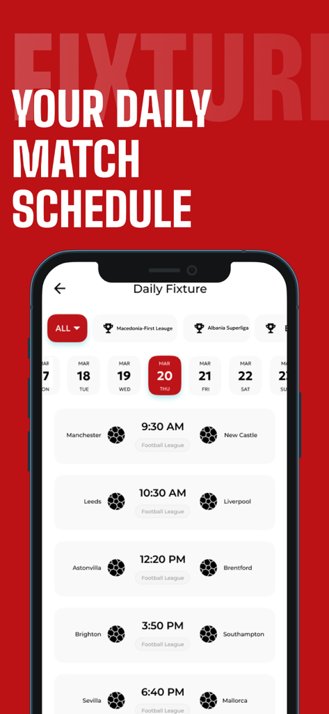 Tudo Football App - Tudo Football App screen displaying the daily match schedule for various soccer leagues.